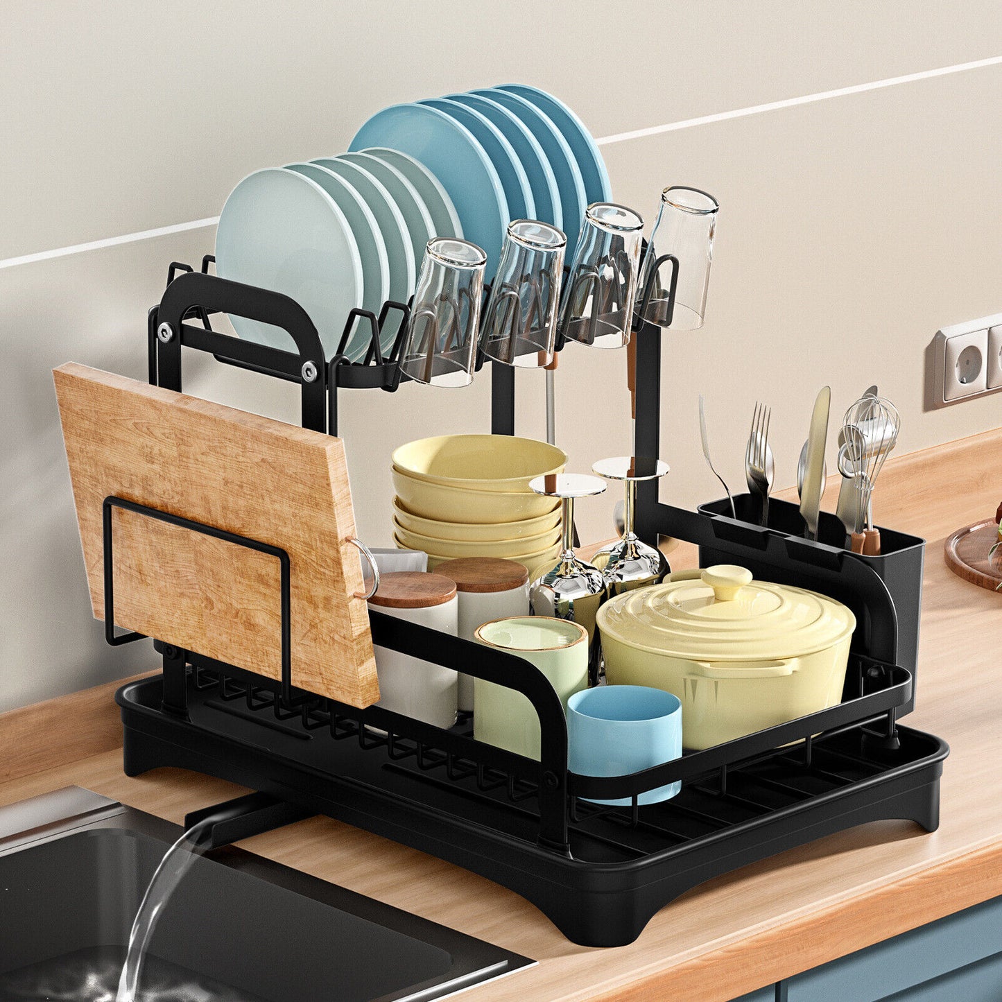 2 Tier Dish Rack Plate Cup Drying Drainer Storage Drip Tray Cutlery Holder UK