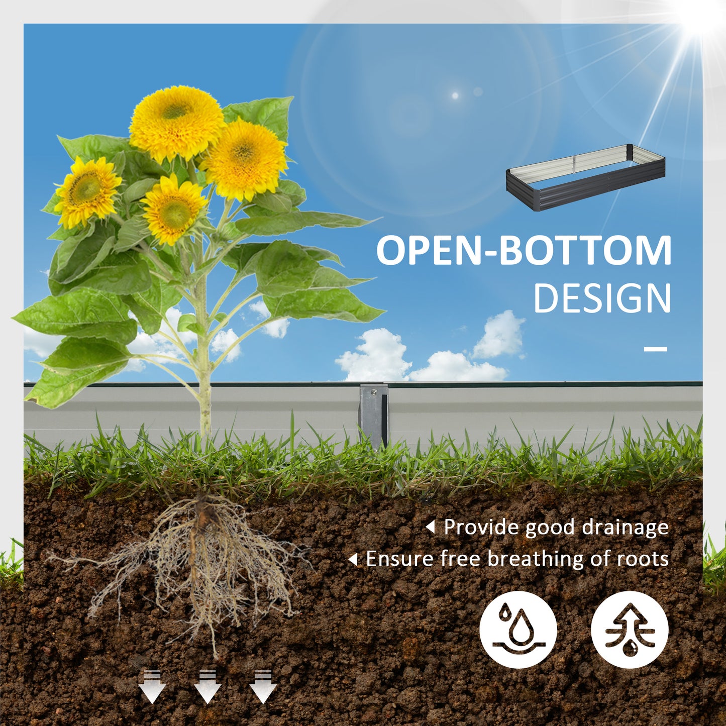 Metal Raised Garden Bed Planter Box Outdoor Planters For Growing Flowers, Herbs, Grey, 241x90.5x30cm