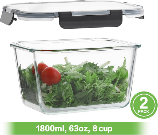 4 Pieces 63Oz/8Cup Large Glass Food Storage Containers with Lids, Meal Prep Containers, Airtight Bento Boxes with Leak Proof Locking (2 Containers + 2 Lids) - Microwave, Oven Safe