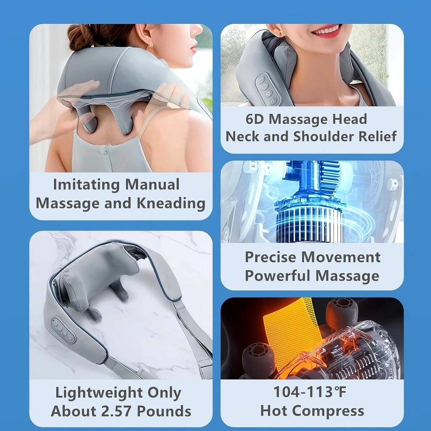 6-Way Kneading Neck Massager For Pain Relief Deep Tissue Portable Cordless Electrical Cervical Neck Massager Multi-Point Shiatsu Massager For Shoulder, Back, Waist & Limbs, Adjustable Intensity