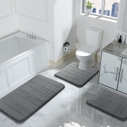 MEMORY FOAM BATH MAT PEDESTAL SET NON SLIP TOILET BATHROOM CONTOUR RUGS 3 PIECE--black