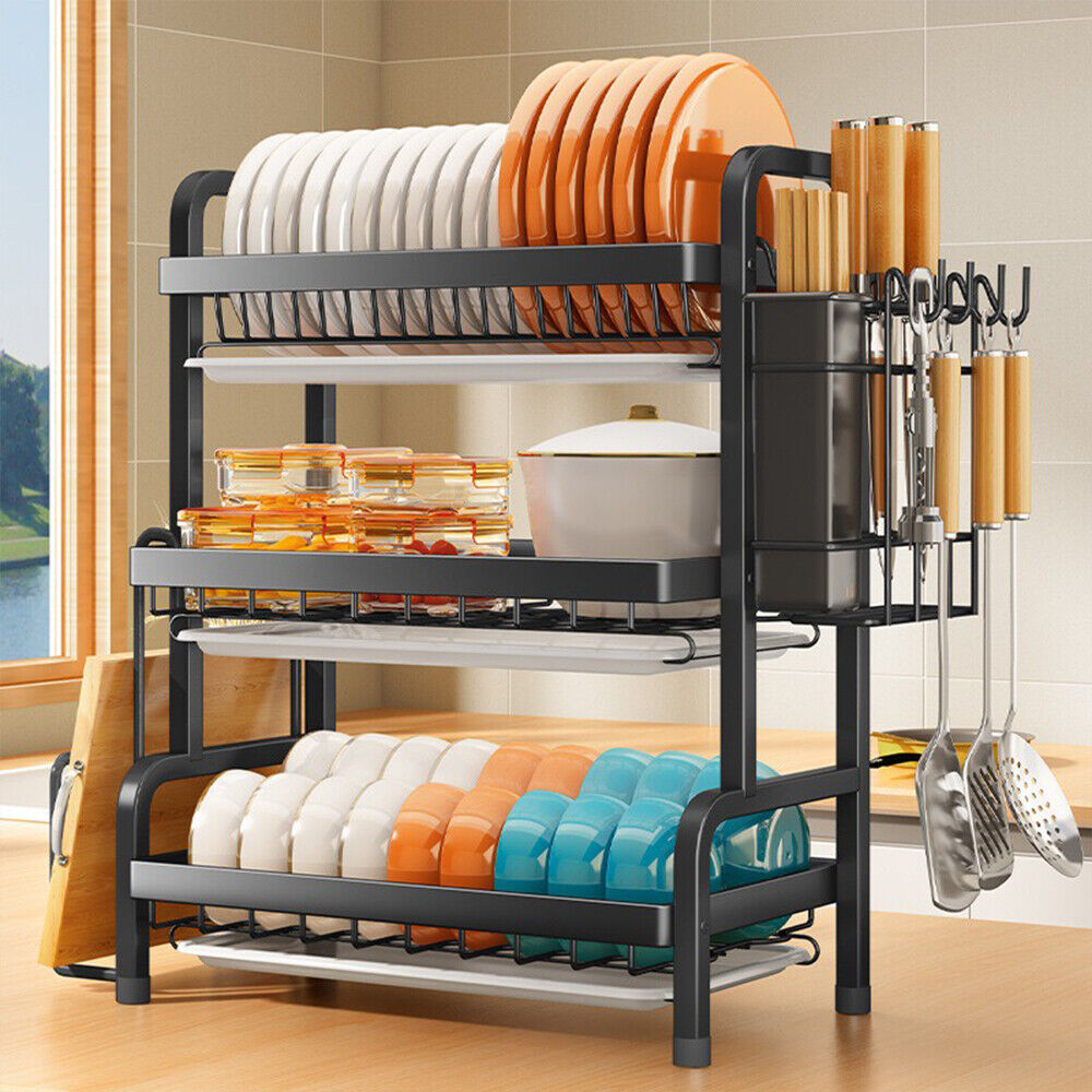 3 Tier Dish Drainer Rack With Drip Tray Cutlery Holder Plate Rack Kitchen Sink
