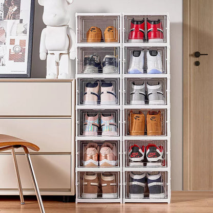 6 Tier Plastic Shoe Storage Box Stackable Foldable Boxes Trainers Organiser