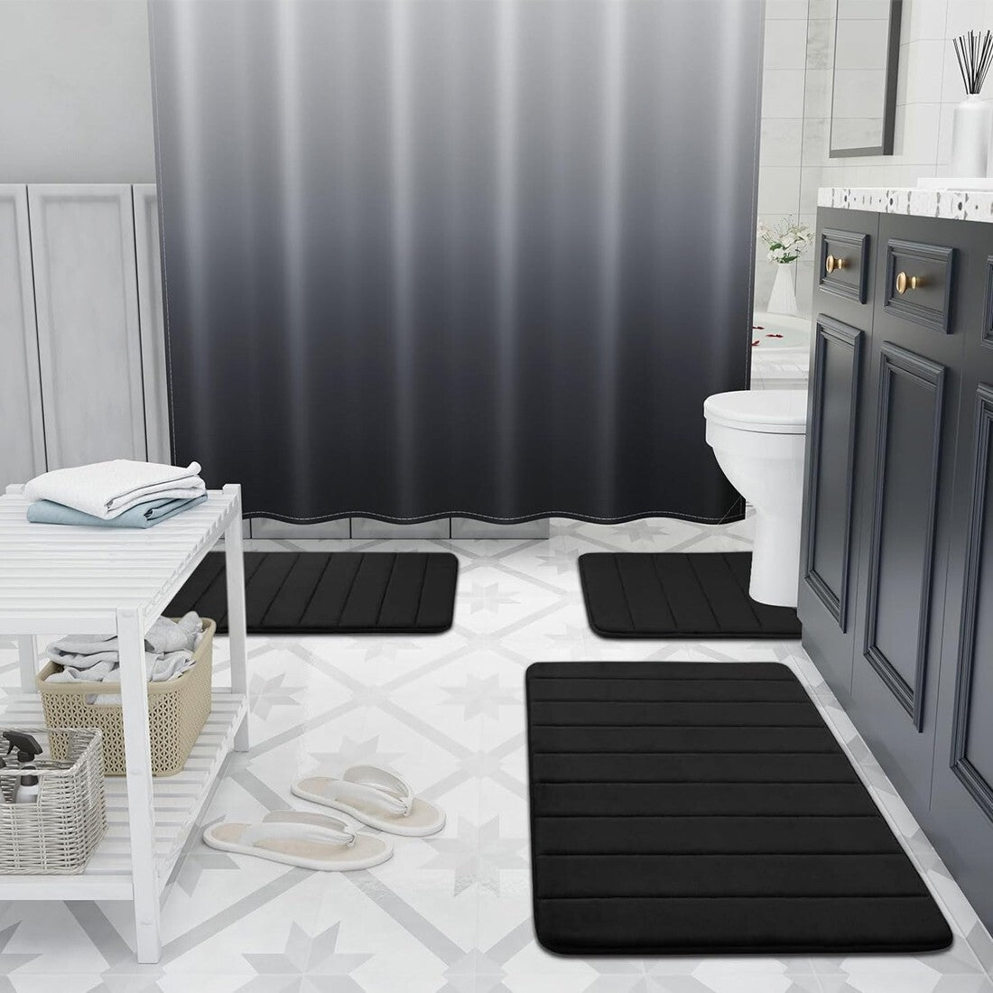 MEMORY FOAM BATH MAT PEDESTAL SET NON SLIP TOILET BATHROOM CONTOUR RUGS 3 PIECE--black