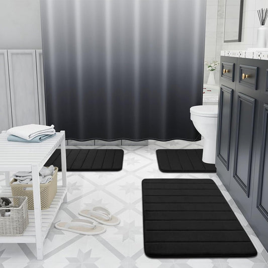 MEMORY FOAM BATH MAT PEDESTAL SET NON SLIP TOILET BATHROOM CONTOUR RUGS 3 PIECE--black
