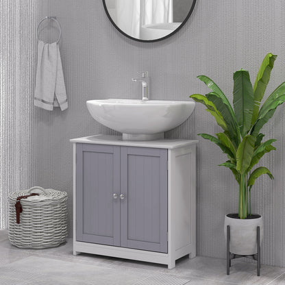 Kleankin 60x60cm Under-Sink Storage Cabinet W/ Adjustable Shelf Handles Drain Hole Bathroom Cabinet Space Saver Organizer White And Grey