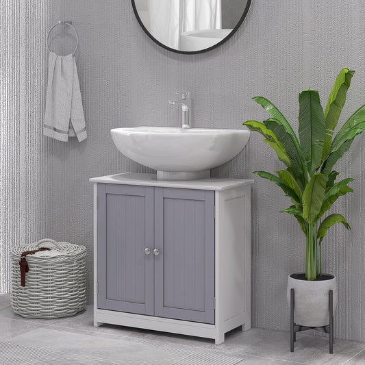 Kleankin 60x60cm Under-Sink Storage Cabinet W/ Adjustable Shelf Handles Drain Hole Bathroom Cabinet Space Saver Organizer White And Grey