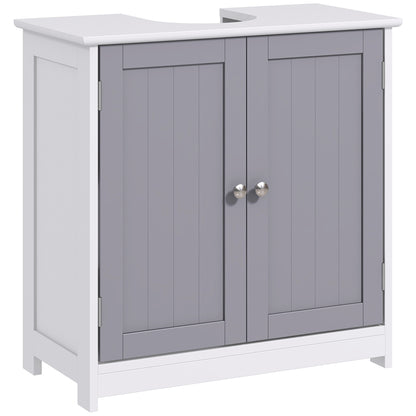 Kleankin 60x60cm Under-Sink Storage Cabinet W/ Adjustable Shelf Handles Drain Hole Bathroom Cabinet Space Saver Organizer White And Grey