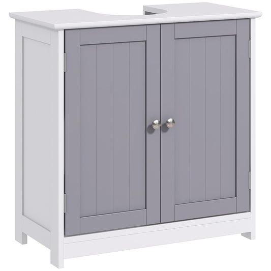 Kleankin 60x60cm Under-Sink Storage Cabinet W/ Adjustable Shelf Handles Drain Hole Bathroom Cabinet Space Saver Organizer White And Grey